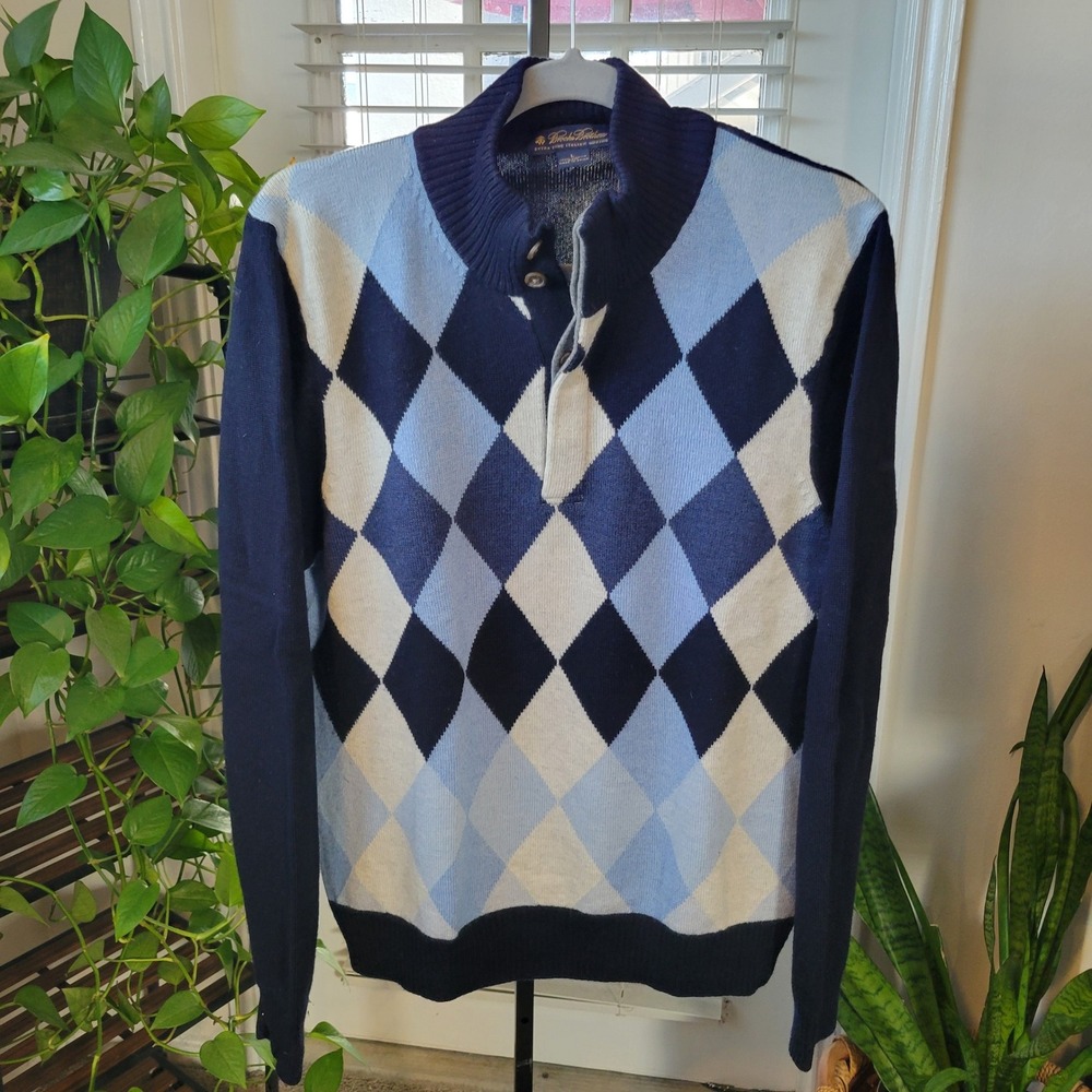 Brooks Brothers Mens Extra Fine Italian Merino Wool Argyle Sweater Navy Blue L